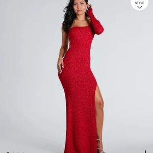Windsor One Arm Long Sleeve Strappy Back Red Gown